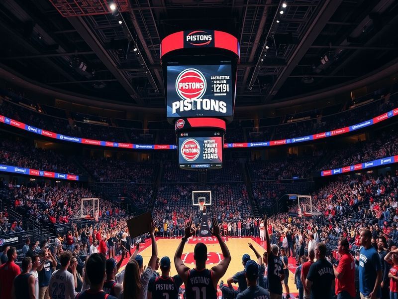 A dynamic action shot of the Detroit Pistons playing at home, showcasing Cade Cunningham in mid-drive against an opponent, wi
