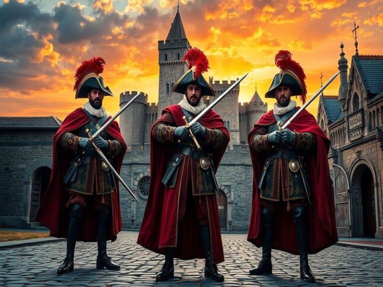 An illustration of the four musketeers in action, showcasing their distinct personalities and attire, set against a backdrop