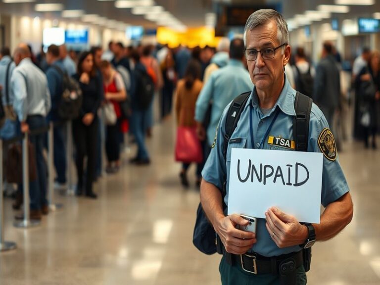 A TSA officer at a security checkpoint inside a busy U.S. airport, wearing a uniform and face mask, with long security lines