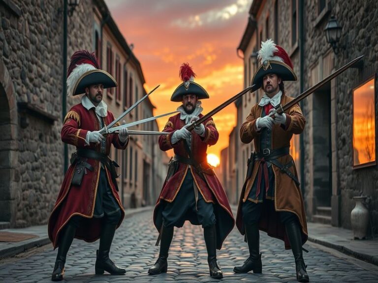 A dynamic illustration of the Three Musketeers in action, showcasing their iconic costumes and swords, set against a backdrop