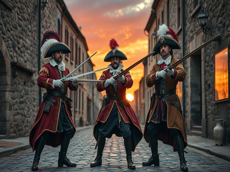 A dynamic illustration of the Three Musketeers in action, showcasing their iconic costumes and swords, set against a backdrop