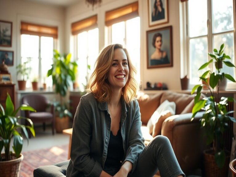 A portrait of Sophie Rundle on a film set, showcasing her confident demeanor and engaging smile, with soft lighting that high