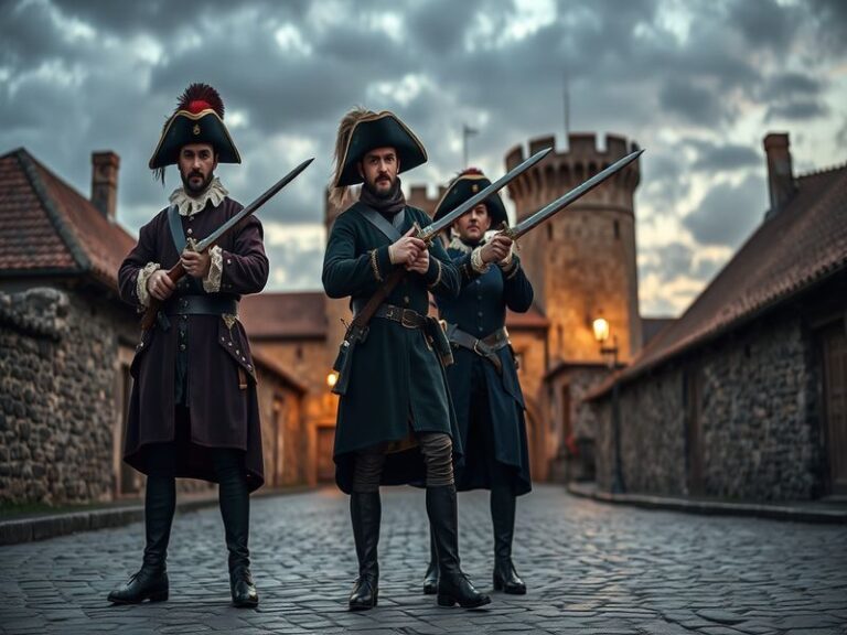 An illustration of the four musketeers in a dramatic pose, set in 17th-century France with swords drawn, capturing the essenc