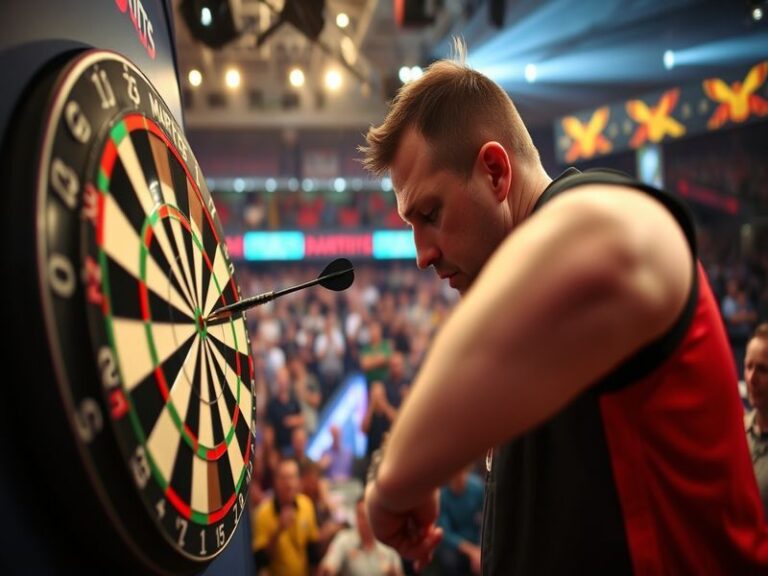 A dynamic image of Adrian Lewis in action during a darts match, showcasing his focused expression and the colorful dartboard