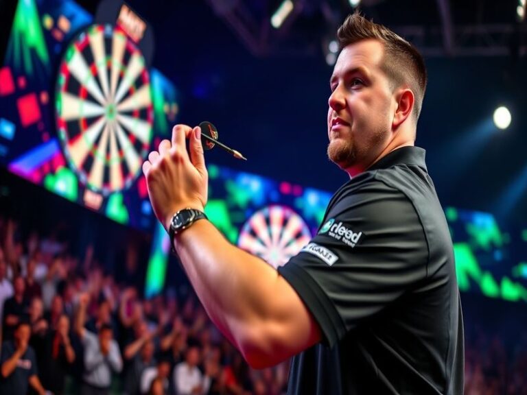 A dynamic shot of Adrian Lewis throwing a dart during a championship match, showcasing his focus and precision, with an audie