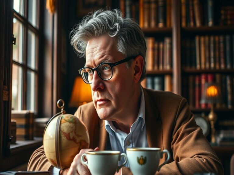 A portrait of Giles Richards at a writing desk, surrounded by books and notepads, conveying a thoughtful and reflective mood.