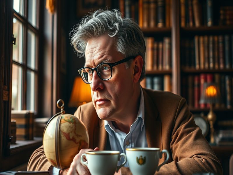 A portrait of Giles Richards at a writing desk, surrounded by books and notepads, conveying a thoughtful and reflective mood.