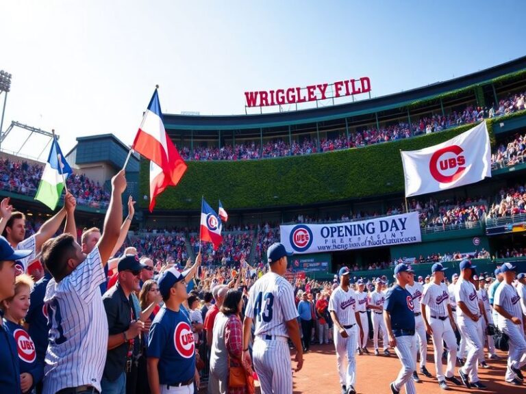 A vibrant scene from Cubs Opening Day at Wrigley Field, showcasing enthusiastic fans in jerseys, the iconic scoreboard, and a