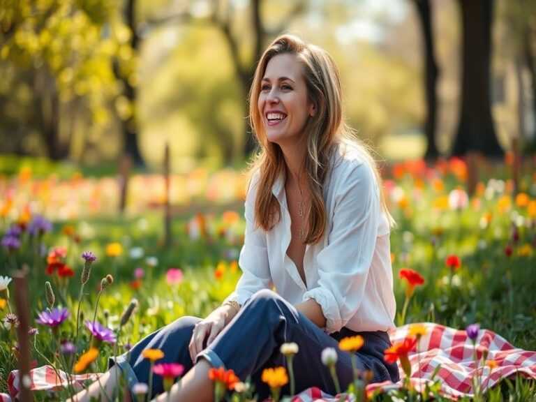 A candid, cinematic portrait of Amanda Peet in her 40s, dressed casually in a cozy indoor setting with warm lighting. She is