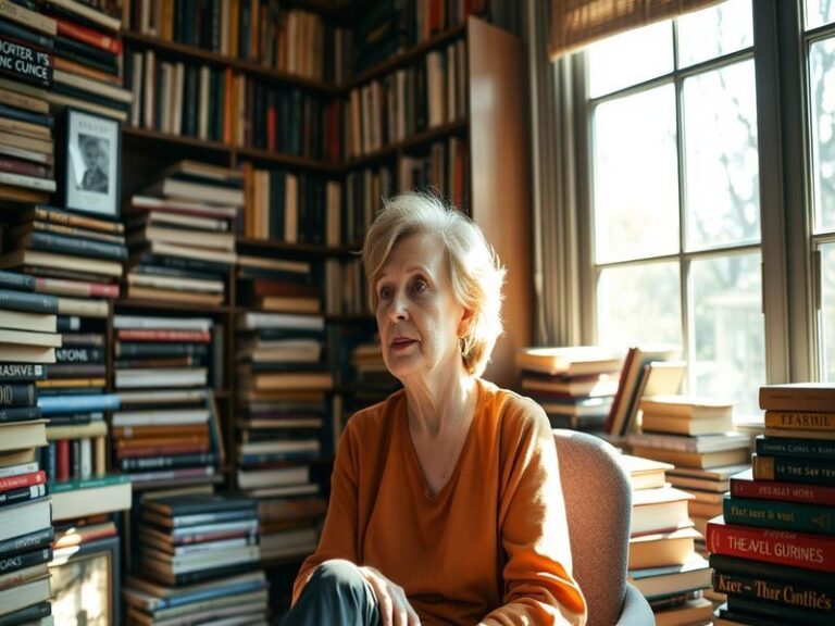 A portrait of Lionel Shriver in a cozy library setting, surrounded by books, with an introspective expression that reflects h