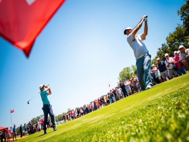 A vibrant scene of the Houston Open golf tournament, showcasing players in action on the lush greens of Memorial Park Golf Co