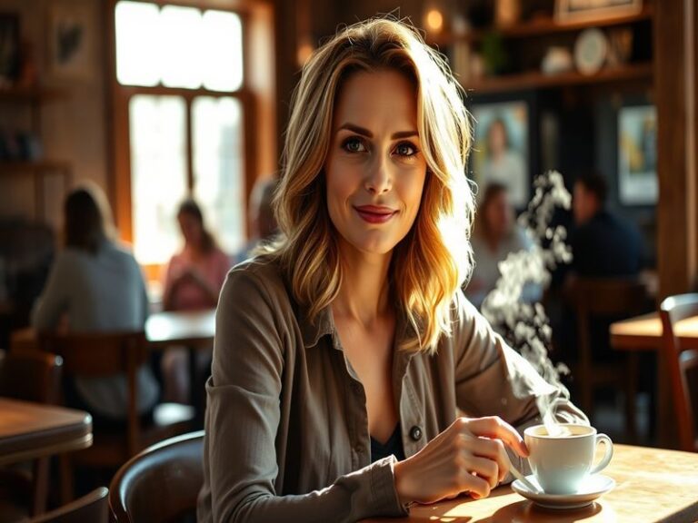Amanda Peet in a mid-career portrait, dressed in a stylish yet understated outfit, standing in a Los Angeles film set with so
