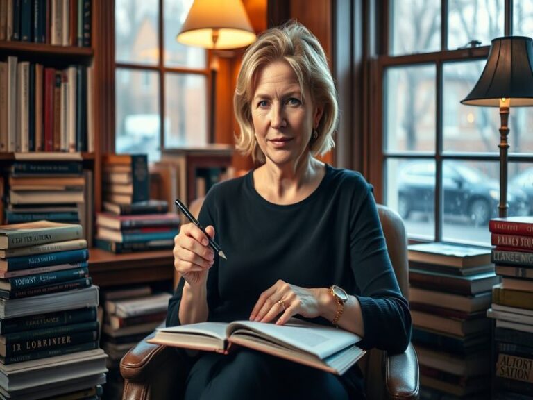 A portrait of Lionel Shriver, showcasing her thoughtful expression, surrounded by books in a cozy, well-lit reading nook.