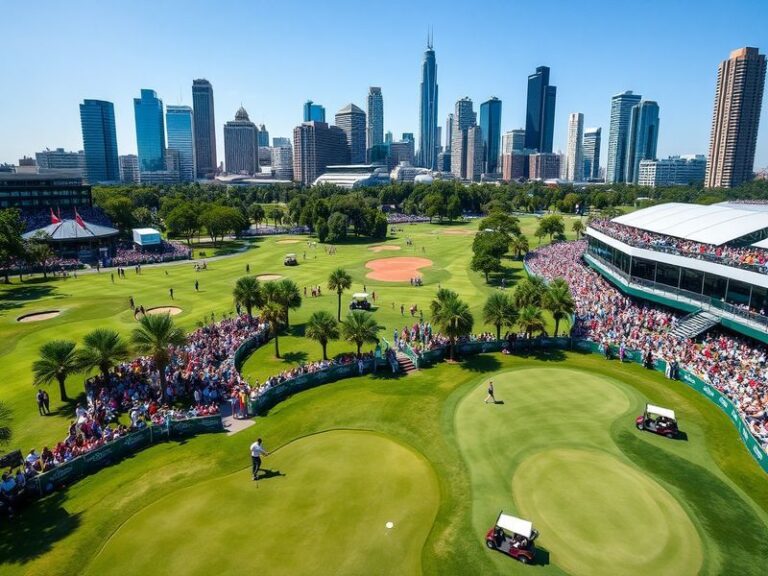 A vibrant scene from the Houston Open, featuring top golfers in action on a lush green golf course with enthusiastic fans in