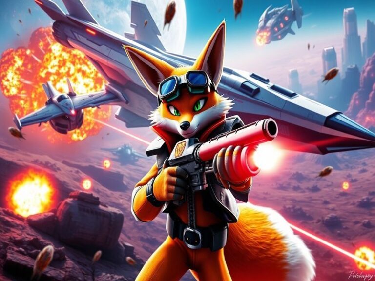 An illustration of Fox McCloud piloting his Arwing, set against a vibrant space backdrop with stars and planets, showcasing a