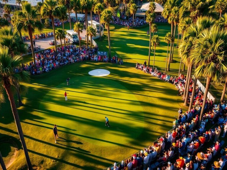 A vibrant scene from the Houston Open, showcasing golfers in action on a lush green course with spectators enjoying the event