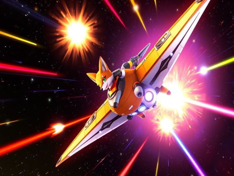 An illustration of Fox McCloud piloting his Arwing, surrounded by vibrant space scenery with planets and stars, showcasing hi