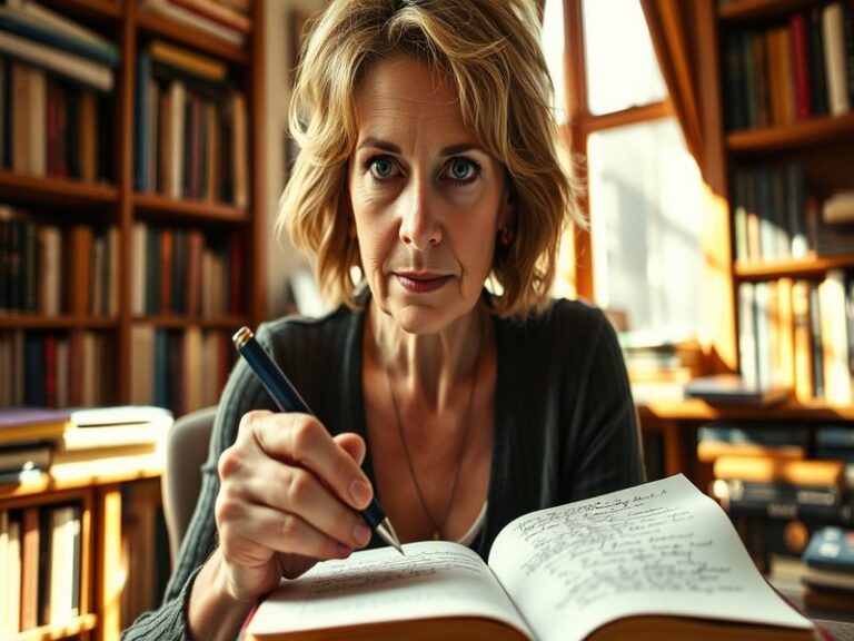 A portrait of Lionel Shriver, showcasing her thoughtful expression against a backdrop of books, reflecting her literary caree