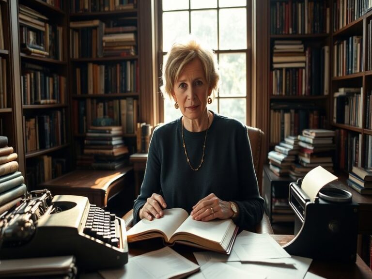 A portrait of Lionel Shriver in a cozy library setting, surrounded by books, reflecting a thoughtful and introspective mood.