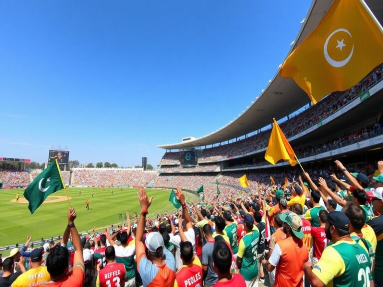 A vibrant cricket stadium filled with enthusiastic fans wearing team jerseys, showcasing the excitement of the PSL season.