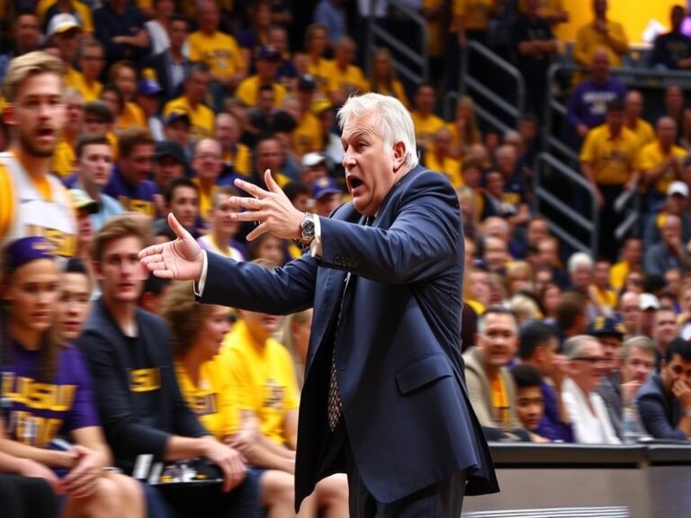 A split-image illustration showing Will Wade in a suit on one side and LSU's basketball court on the other, with a tense expr