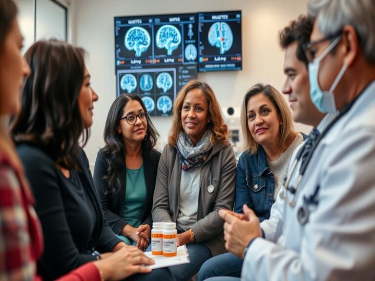 A close-up of a Metformin pill bottle next to a brain scan, with a diverse group of elderly people in the background, symboli