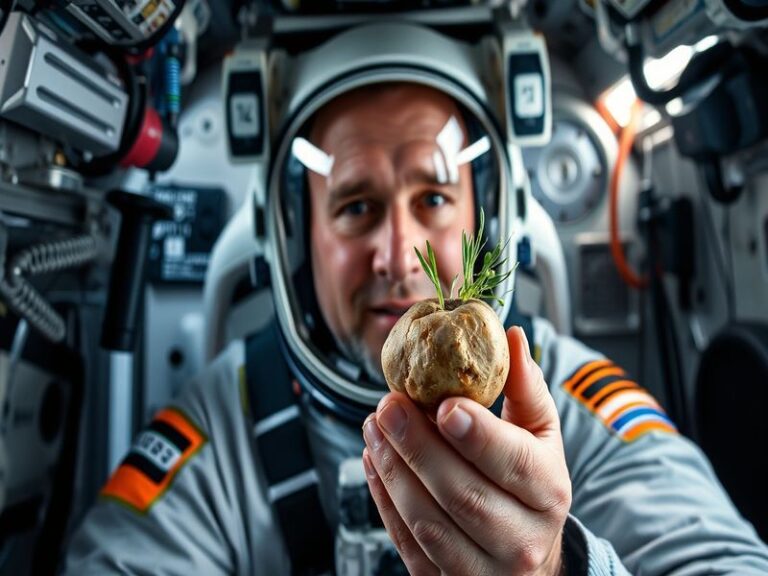 An astronaut tending to a potato plant in a futuristic growth chamber aboard the ISS, surrounded by high-tech equipment and g