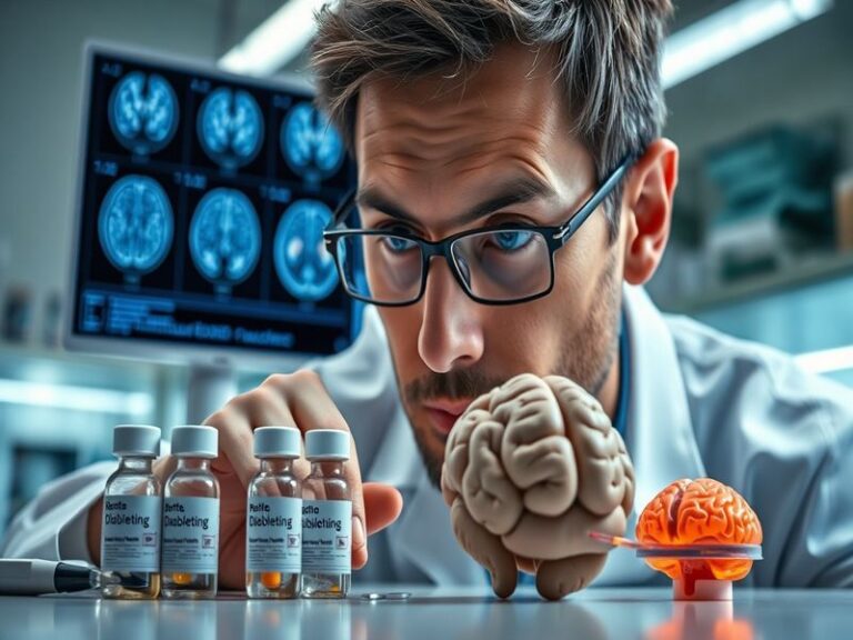 An illustration showing a brain with diabetes medication bottles, symbolizing the connection between diabetes treatment and c