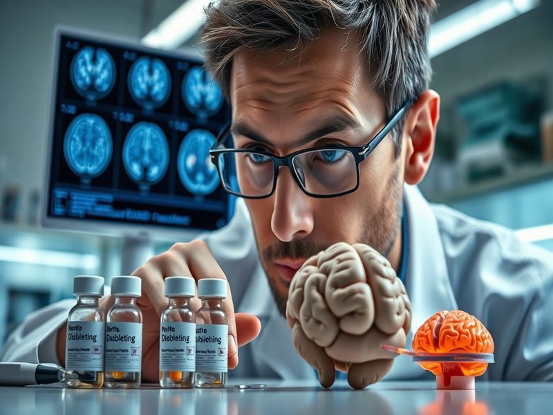 An illustration showing a brain with diabetes medication bottles, symbolizing the connection between diabetes treatment and c