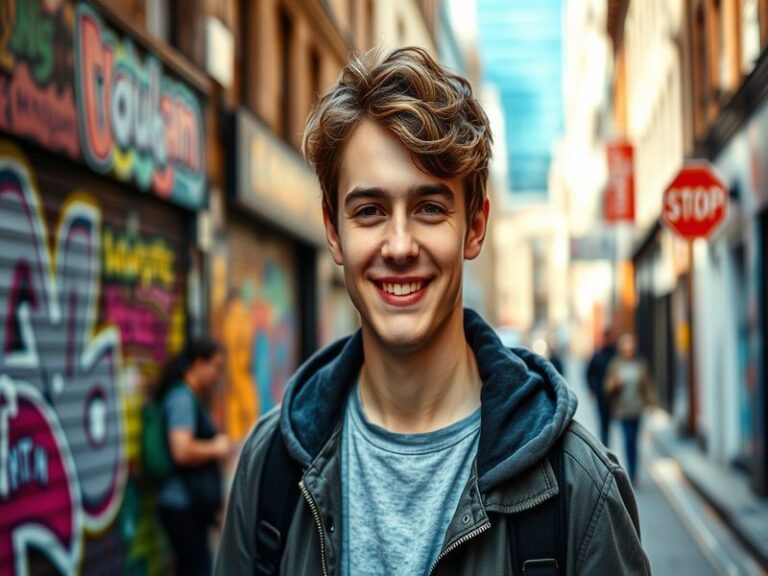 A portrait of Thomas Doherty smiling, with a vibrant background showcasing a film set, reflecting his youthful energy and pas