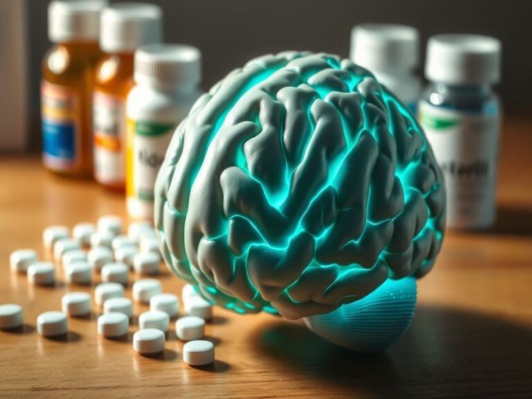 A split-image illustration showing a brain on one side with glowing neural pathways and a pill bottle labeled 'Metformin' on