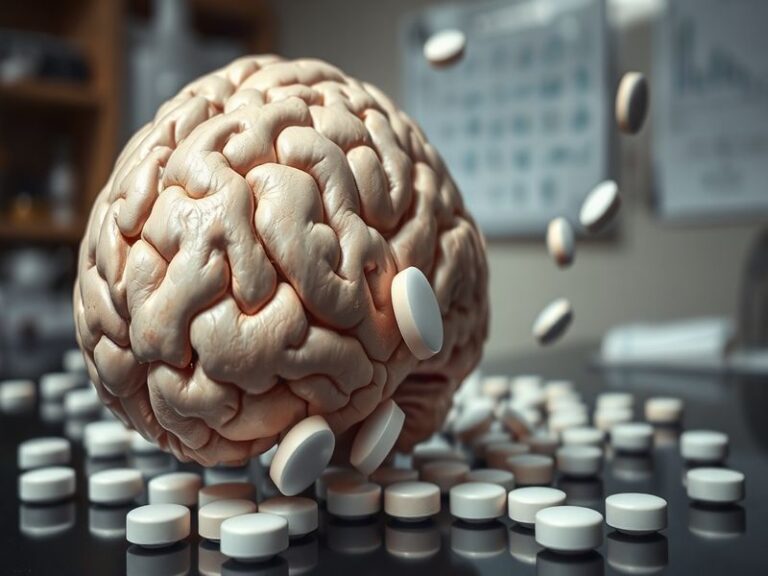 A split-image visual: on one side, an elderly person taking a pill with a serene expression; on the other, a scientist in a l