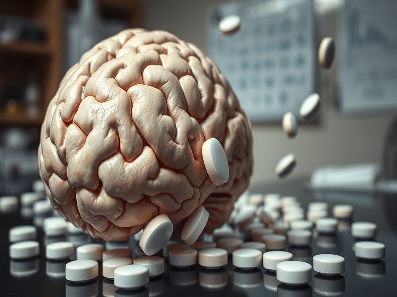 A split-image visual: on one side, an elderly person taking a pill with a serene expression; on the other, a scientist in a l