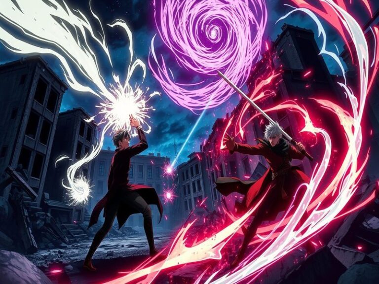 An intense battle scene featuring the main characters of Jujutsu Kaisen, with dynamic action and emotional expressions.