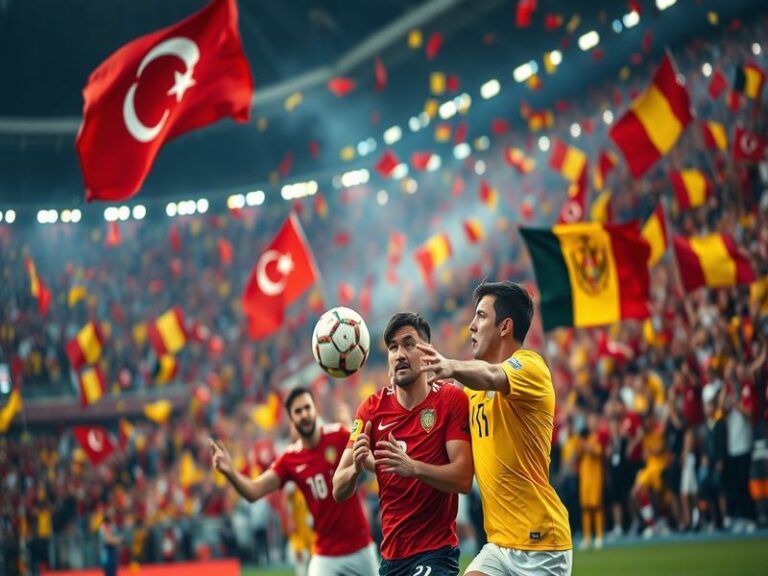 A vibrant football match scene between Türkiye and Romania, showcasing fans in team colors, a packed stadium, and the intense