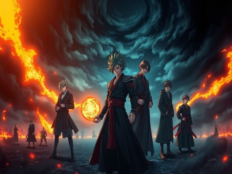 A dynamic scene from Jujutsu Kaisen featuring the main characters in a dramatic battle setting, showcasing vibrant animation