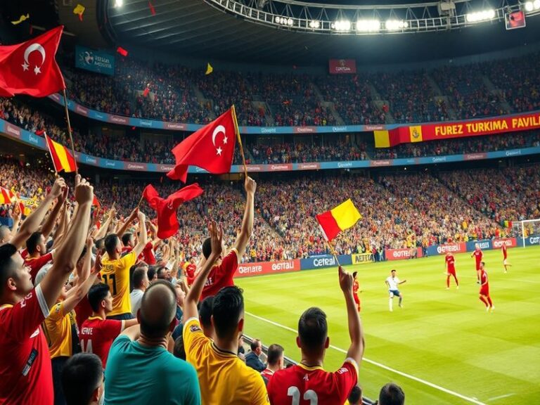 An action-packed football match between Türkiye and Romania, showcasing intense player expressions, cheering fans, and vibran