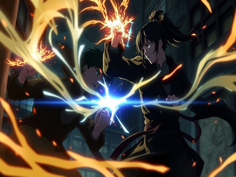 A dynamic scene from Jujutsu Kaisen showcasing a battle between sorcerers and curses, filled with action and emotion.