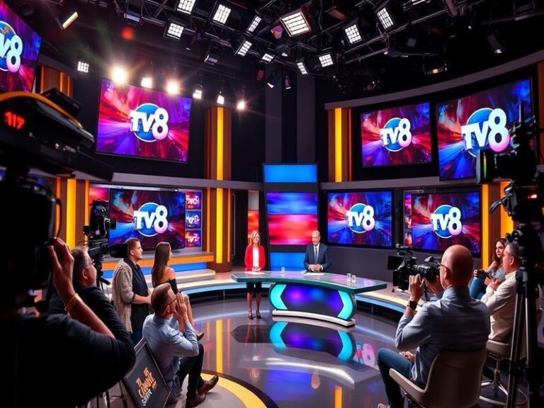 A split-screen image showing a live sports match on TV8 in the background, with a smartphone displaying the TV8 app in the fo