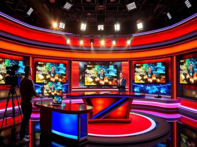 A vibrant scene from a popular TV8 Canlı show, showcasing a diverse cast engaged in a lively discussion, set against a modern