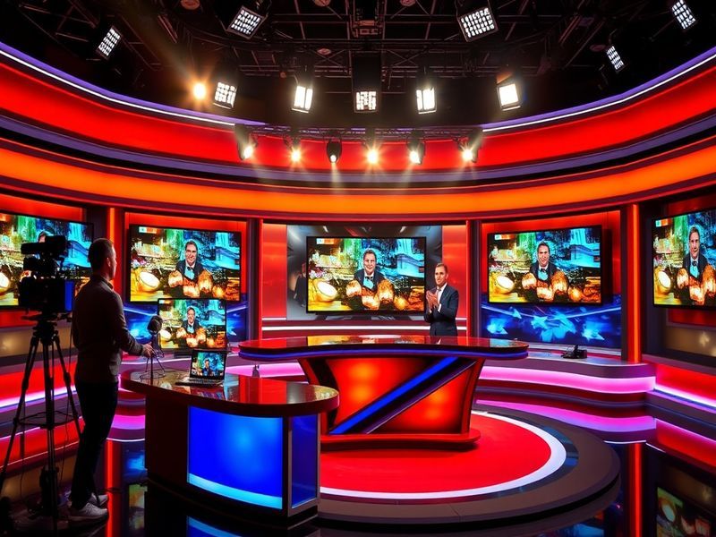 A vibrant scene from a popular TV8 Canlı show, showcasing a diverse cast engaged in a lively discussion, set against a modern