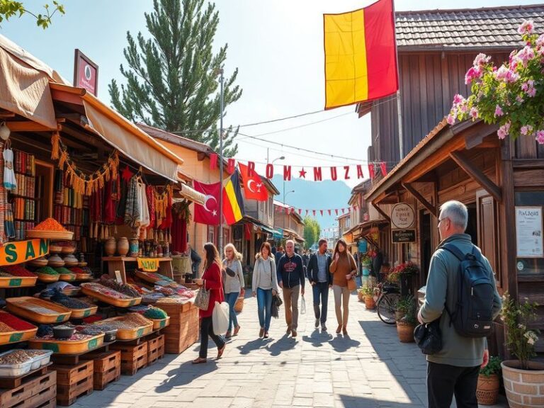 An illustration showcasing the architectural blend of Turkish and Romanian styles, featuring iconic landmarks from both count