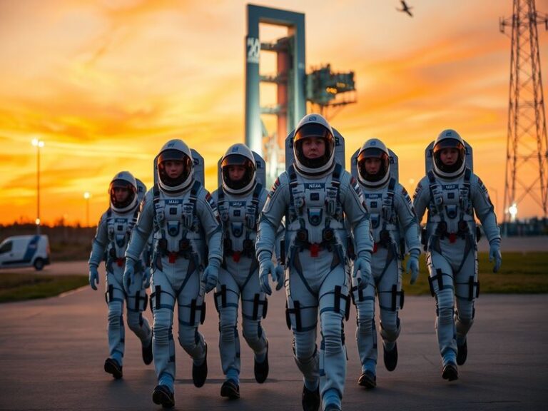 An illustration of the Artemis II spacecraft orbiting the Moon, featuring astronauts inside and vibrant stars in the backgrou