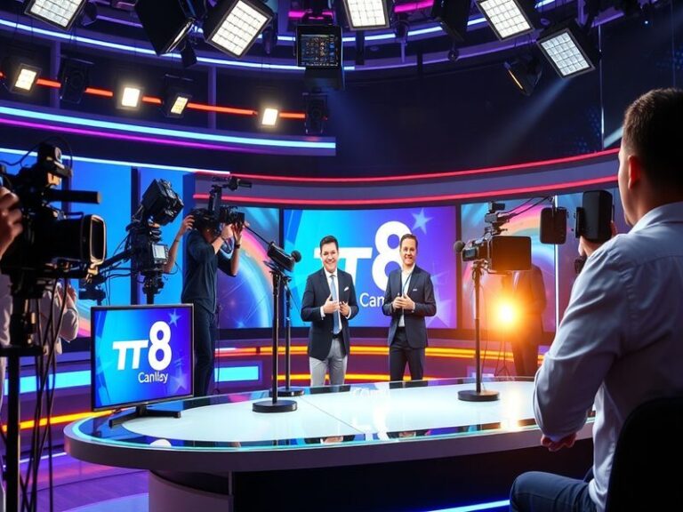 A vibrant TV studio with hosts interacting with a live audience, showcasing the dynamic atmosphere of TV8 Canlı's broadcasts.