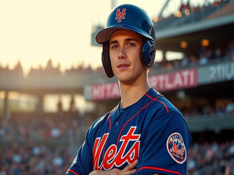 A dynamic action shot of Brett Baty mid-swing at Globe Life Field, bat blurred from speed, Rangers uniform crisp, crowd blurr