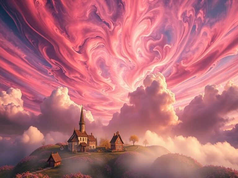 A surreal landscape featuring dream-like elements, blending reality and fantasy, with vibrant colors and ethereal figures.