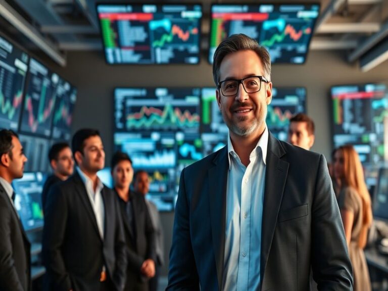A portrait of Alex Karp, emphasizing his thoughtful demeanor in a tech-focused setting, possibly with data visualizations in