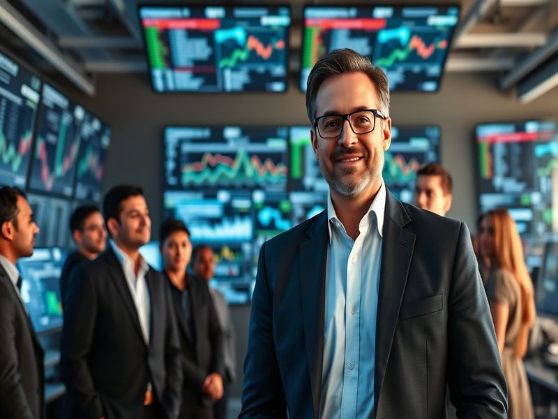 A portrait of Alex Karp, emphasizing his thoughtful demeanor in a tech-focused setting, possibly with data visualizations in