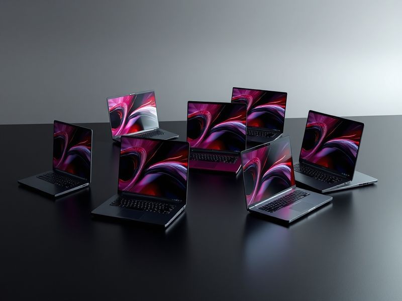 An image showcasing a sleek modern laptop on a stylish desk, emphasizing its high-resolution display and compact design, with