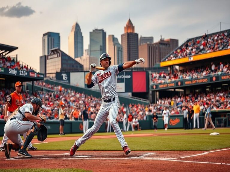 A dynamic action shot of a Twins vs Orioles game at Target Field, featuring players like Byron Buxton and Gunnar Henderson in